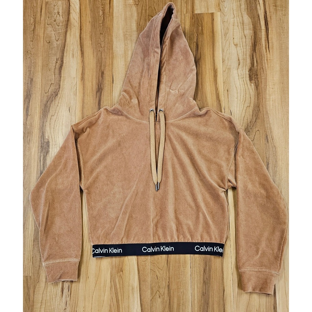 Calvin Klein Performance Women's Brown Velour Cropped Hoodie Medium Long-sleeve